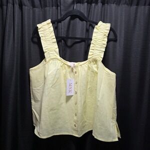 MNK Womens Pale Yellow Ruffle Strap Button‎ Down Linen Blend Tank Top Size L NEW